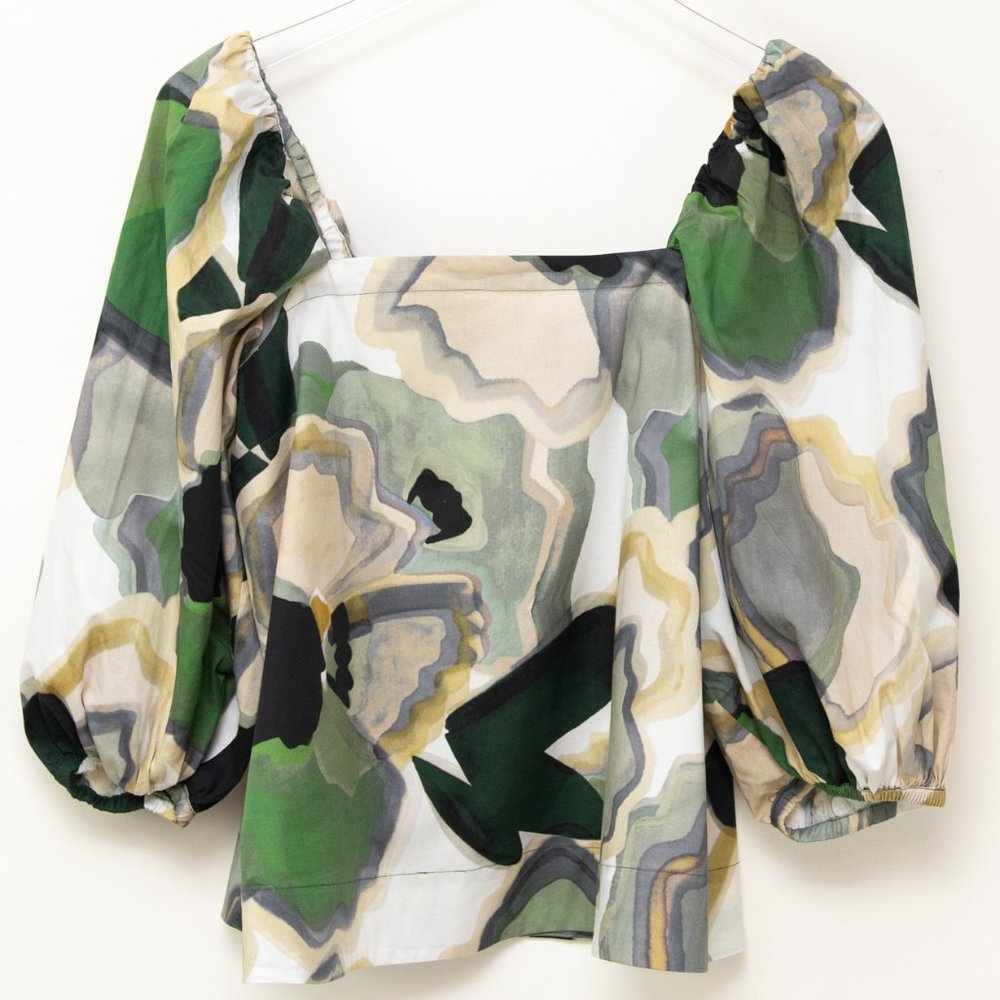 Marella Vaglio Blouse Balloon Sleeve Top Poplin Floral Abstract Shirt 40 New - Picture 2 of 7